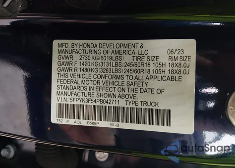 2023 Honda Ridgeline Rtl из США, поврежденный, VIN 5FPYK3F54PB042711